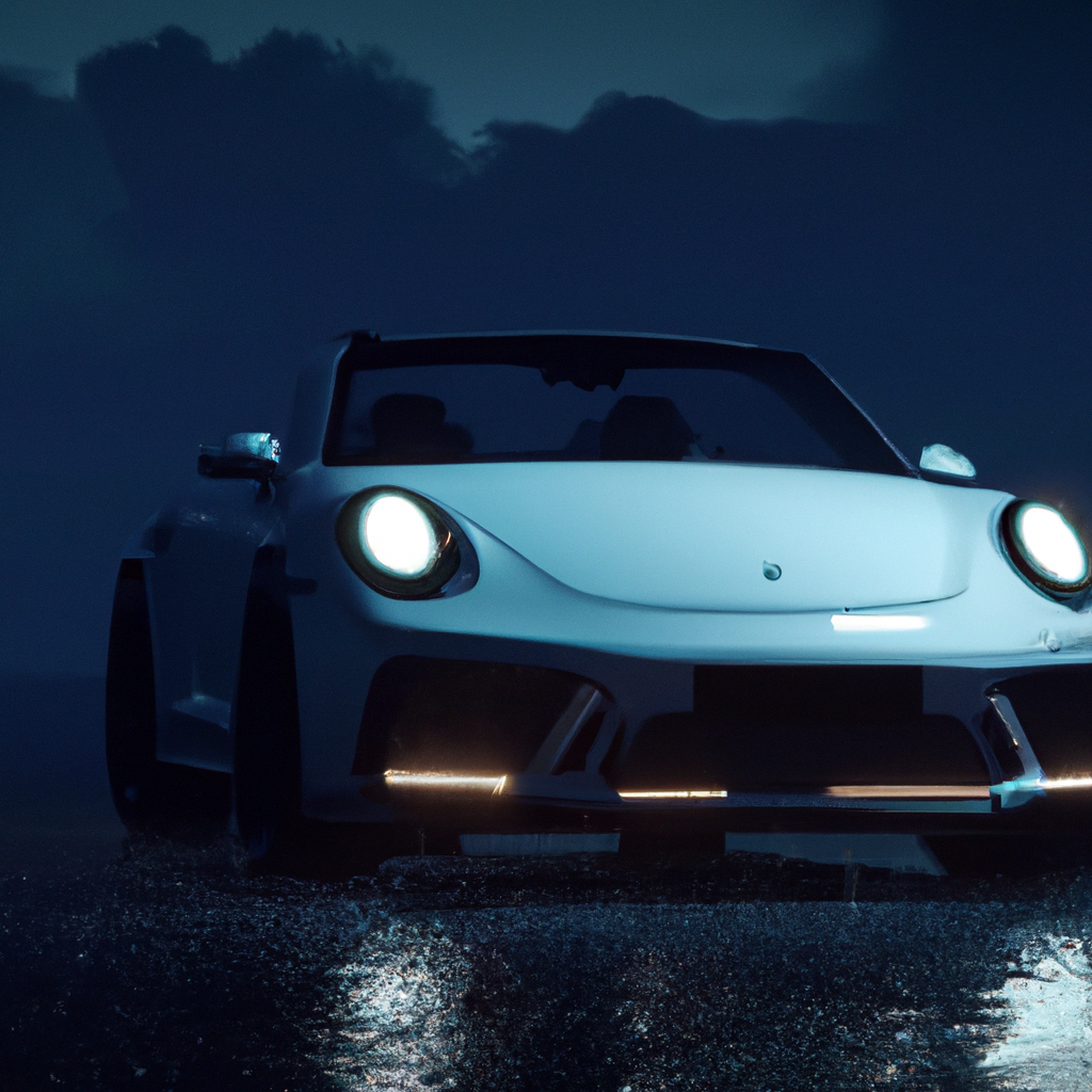 Sleek night-time coupe with neon highlights on a coastal road