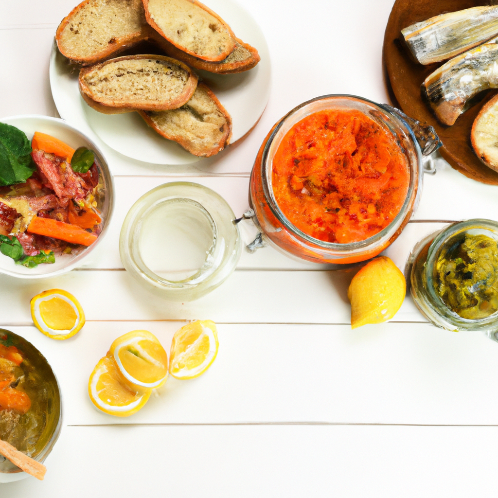 A bright table with mixed bowls: pickles, roasted vegetables, a glazed fish and a jar of spice rub
