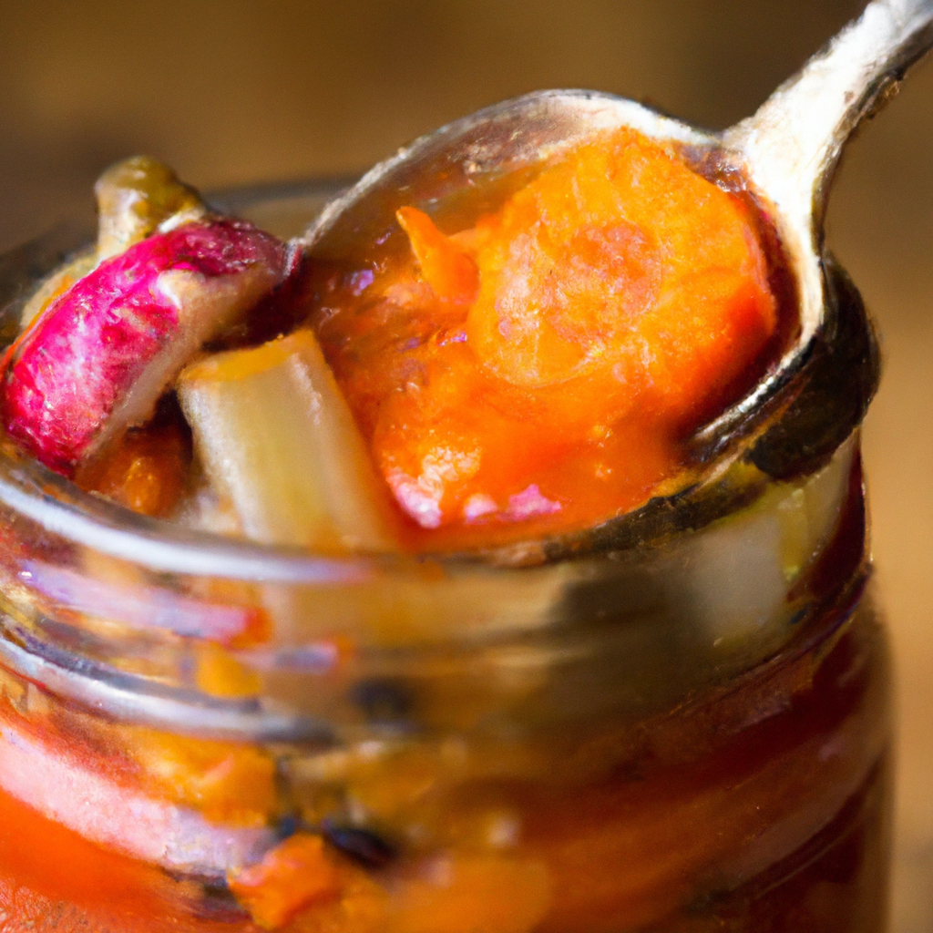 Close-up shot of a preserved jar and a spoon drizzling sauce over roasted vegetables