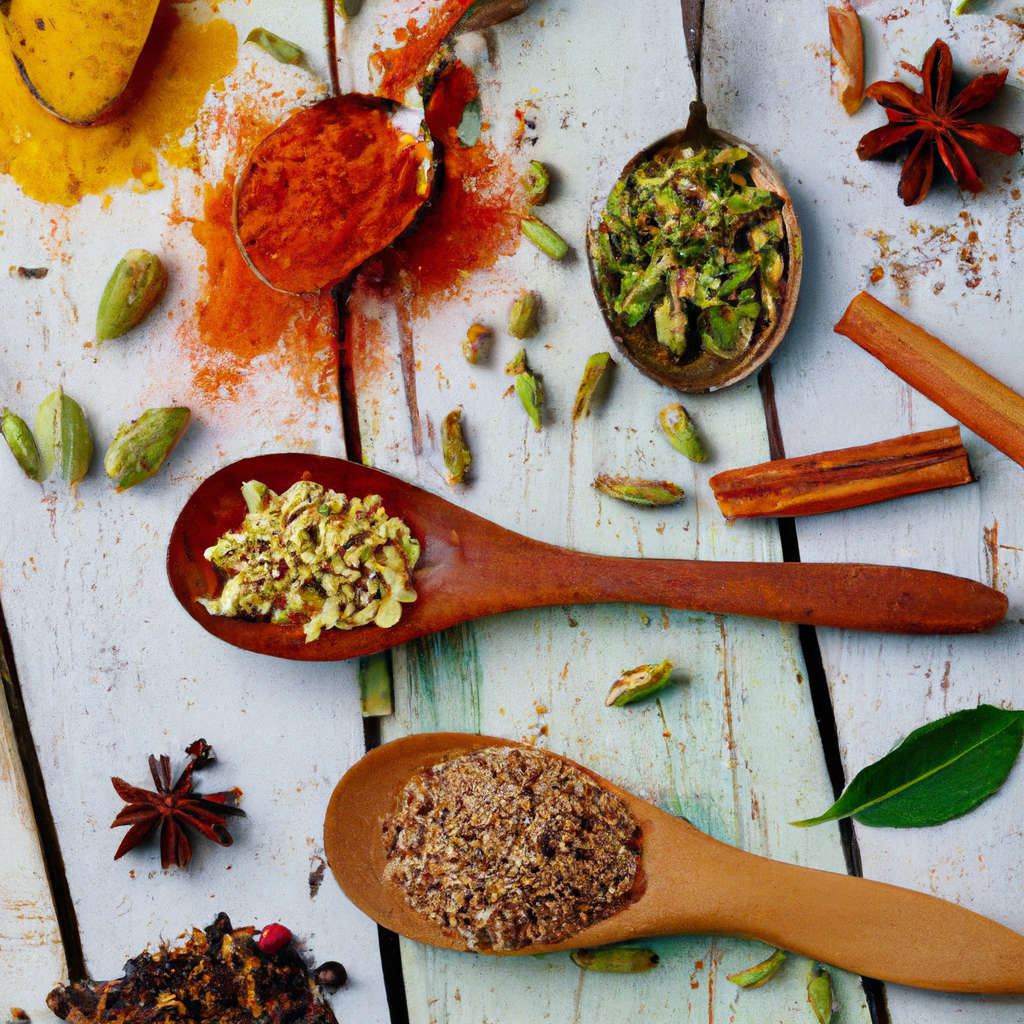 Flatlay of spices and herbs on a wooden board