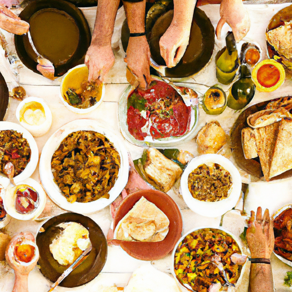 A communal table with bowls, breads, and shared plates ready to serve