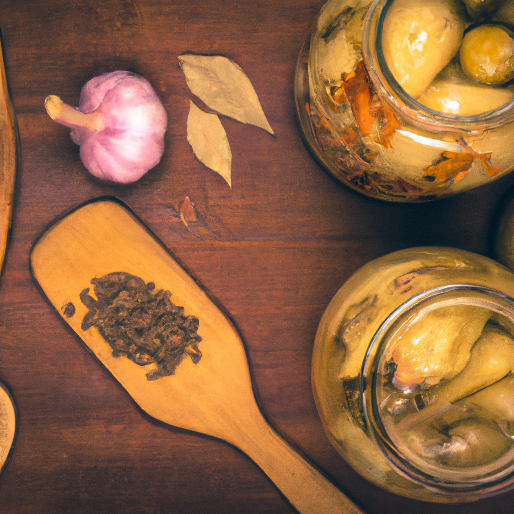 Rich overhead of rustic wooden table with smoked stew, pickles, and jars of spices