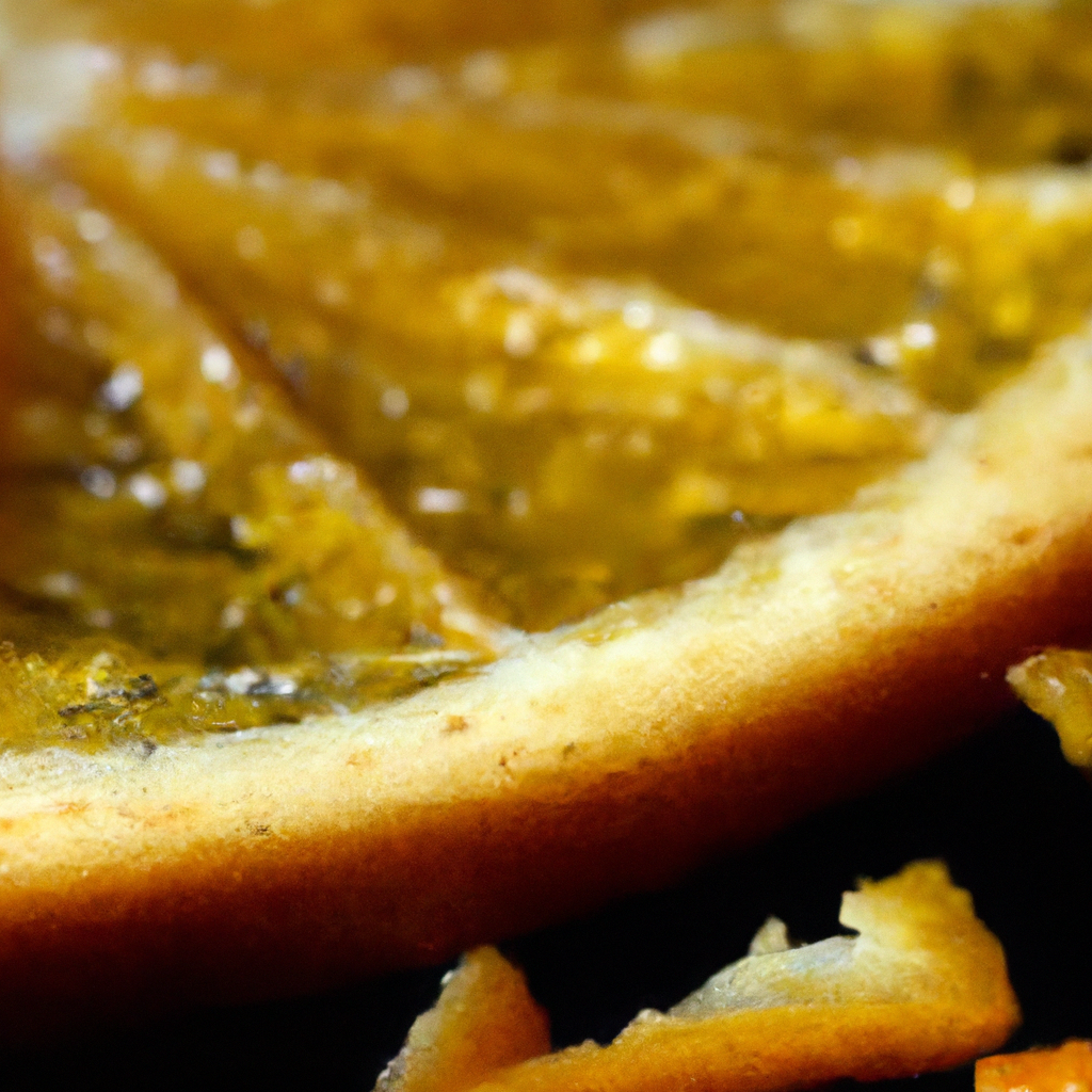 Close-up of charred citrus zest and a skillet edge